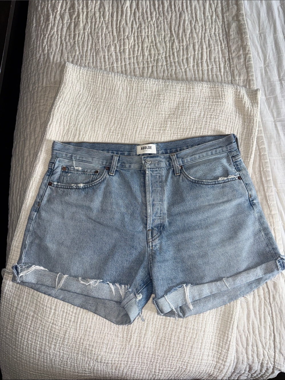 Agolde Light Wash Distressed Denim Shorts
